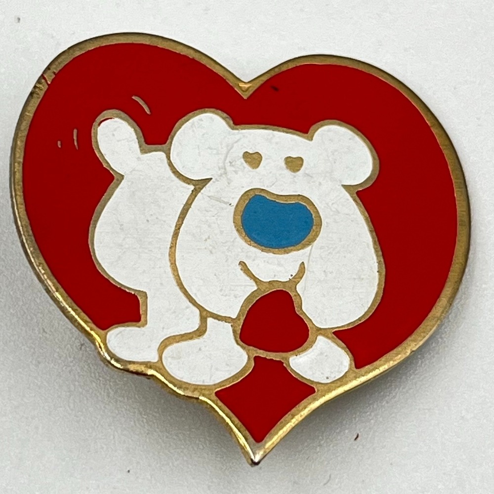 Vintage 1979 Ziggy Heart Enamel Pin Retro Gold Tone Red White Bear Brooch